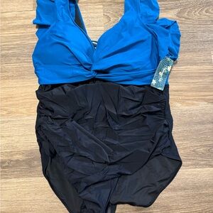 Blue and Black plus size One Piece Swimsuit